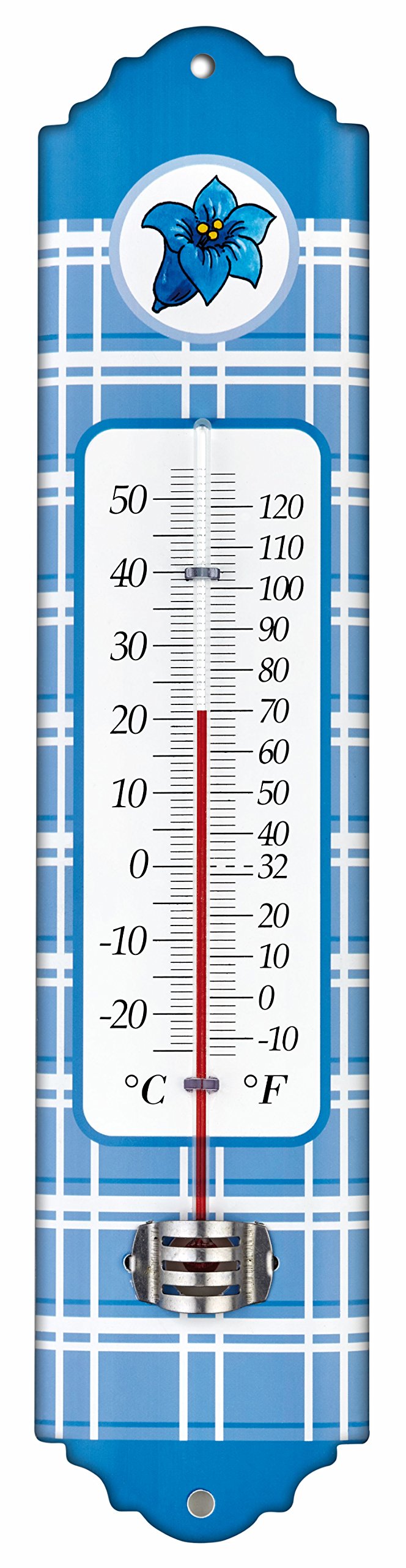 TFA Dostmann Gentian motif indoor and outdoor thermometer made of metal, blue, (L) 66 x (W) 13 x (H) 295 mm