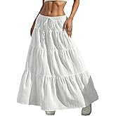 HOUZONIY Womens Maxi Skirt Flowy Elastic Waist Tiered Pleated A Line Summer Boho Trendy Cute Pull On Long Skirts