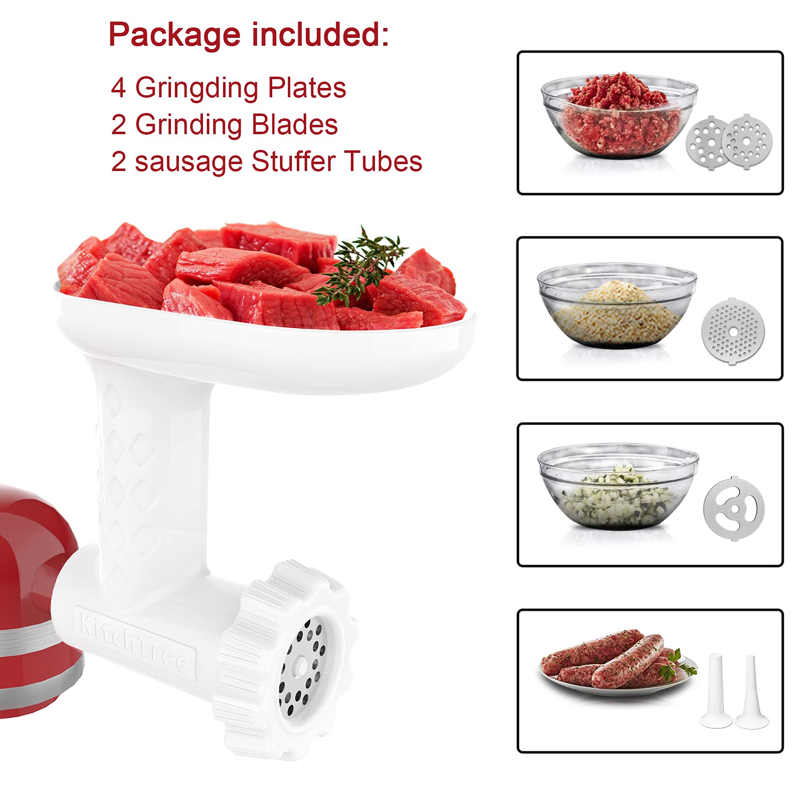 Food Grinder Attachment for KitchenAid Stand Mixers Includes 2 Sausage Filler Tubers, 4 Grinding Plates, Meat Grinder Attachment for kitchenAid, White …