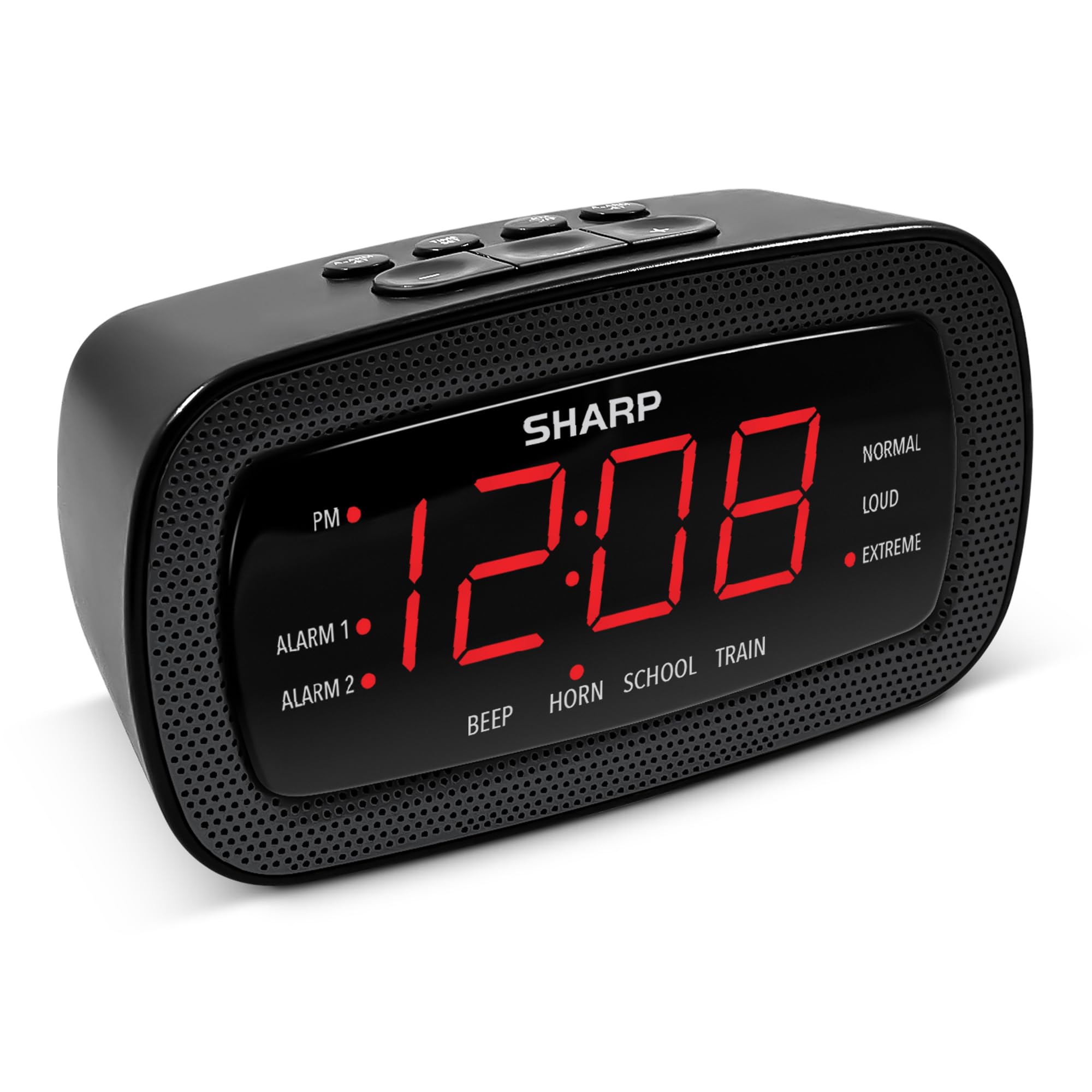 Sharp Shockwave Alarm Clock for Heavy Sleepers – 105dB Ultra-Loud Wake-Up, Air Horn, School Bell, Train Whistle, Beep, Dual Alarms, 3 Adjustable Volumes, LED Display Dimmer