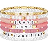 Landical 7 Pcs Friendship Bracelets for Women Teen Girls Pink | Preppy Clay Bead Heishi Surfer Bracelets, Stackable Boho Y2k Jewelry, Halloween Non-Candy Treats, Christmas Stocking Stuffer