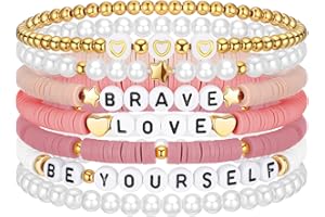 Landical 7 Pcs Friendship Bracelets Bulk Girl Trendy Heishi Clay Bead Bracelets Stack Stretch for Christmas Stocking Stuffers(Pink)