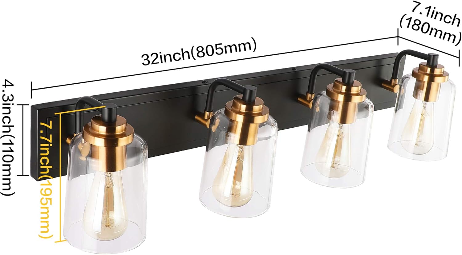 SOLFART Vintage Vanity Lighting Fixtures for Bathroom Modern Glass Shade Black with Bronze Wall Lamp Sconce Lights for Bath S8580 4 Lights: Home Improvement