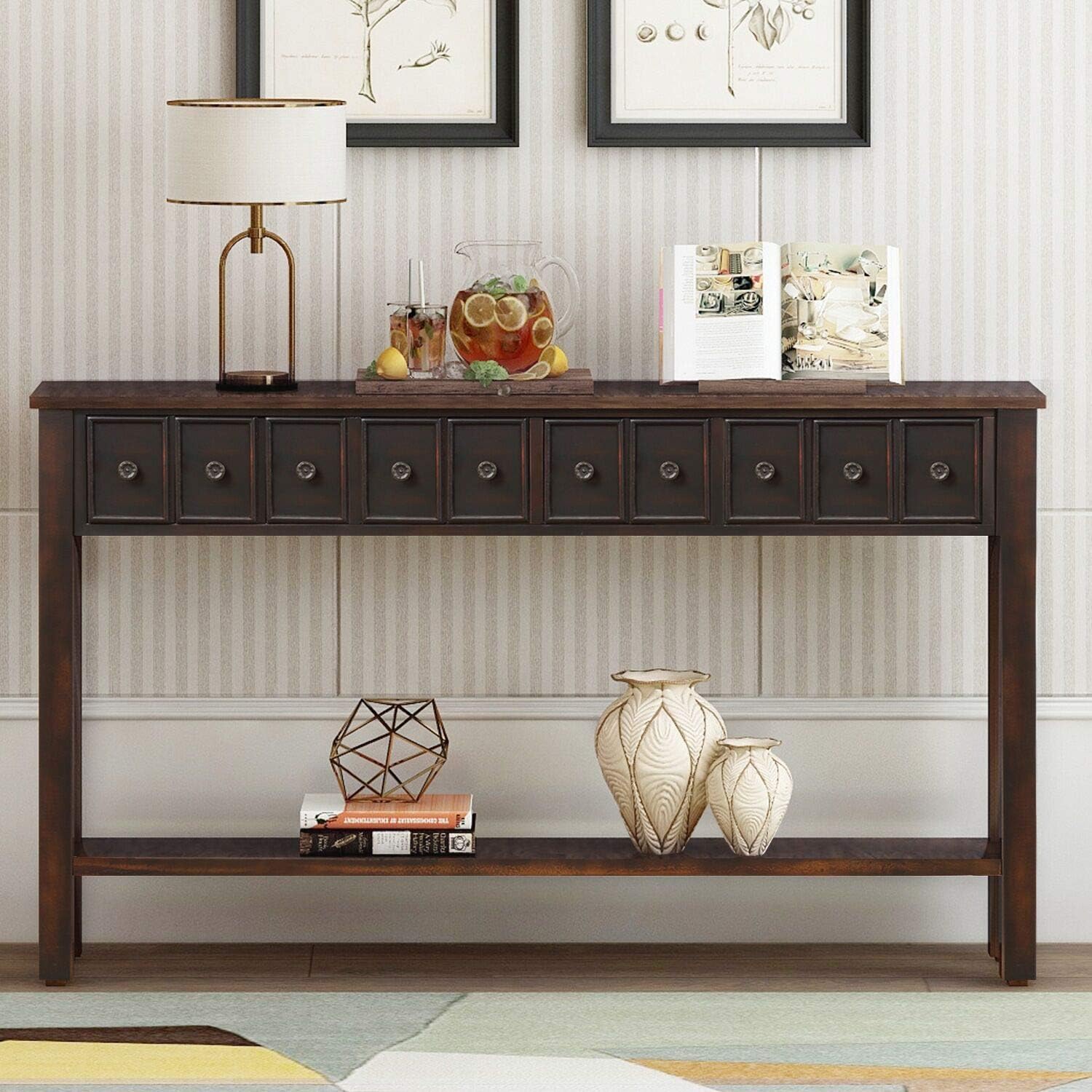 Narrow Entryway Table W/Drawers,JULYFOX Sofa Console Table for Entryway Hallway 60 inch Sideboard with Storage Drawers and Bottom Shelf(Espresso)