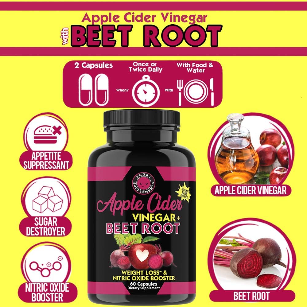 Angry Supplements Apple Cider Vinegar + Beet Root Capsules, Detox Pills, Nitric Oxide + Energy Booster (2-Bottles): Health & Personal Care