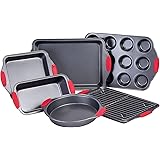 Nuovoo 7 Piece Baking Pan Set Non-Stick Carbon Steel Bakeware Set with Red Silicone Handles, Cookie Sheet, Loaf Pan, Muffin P