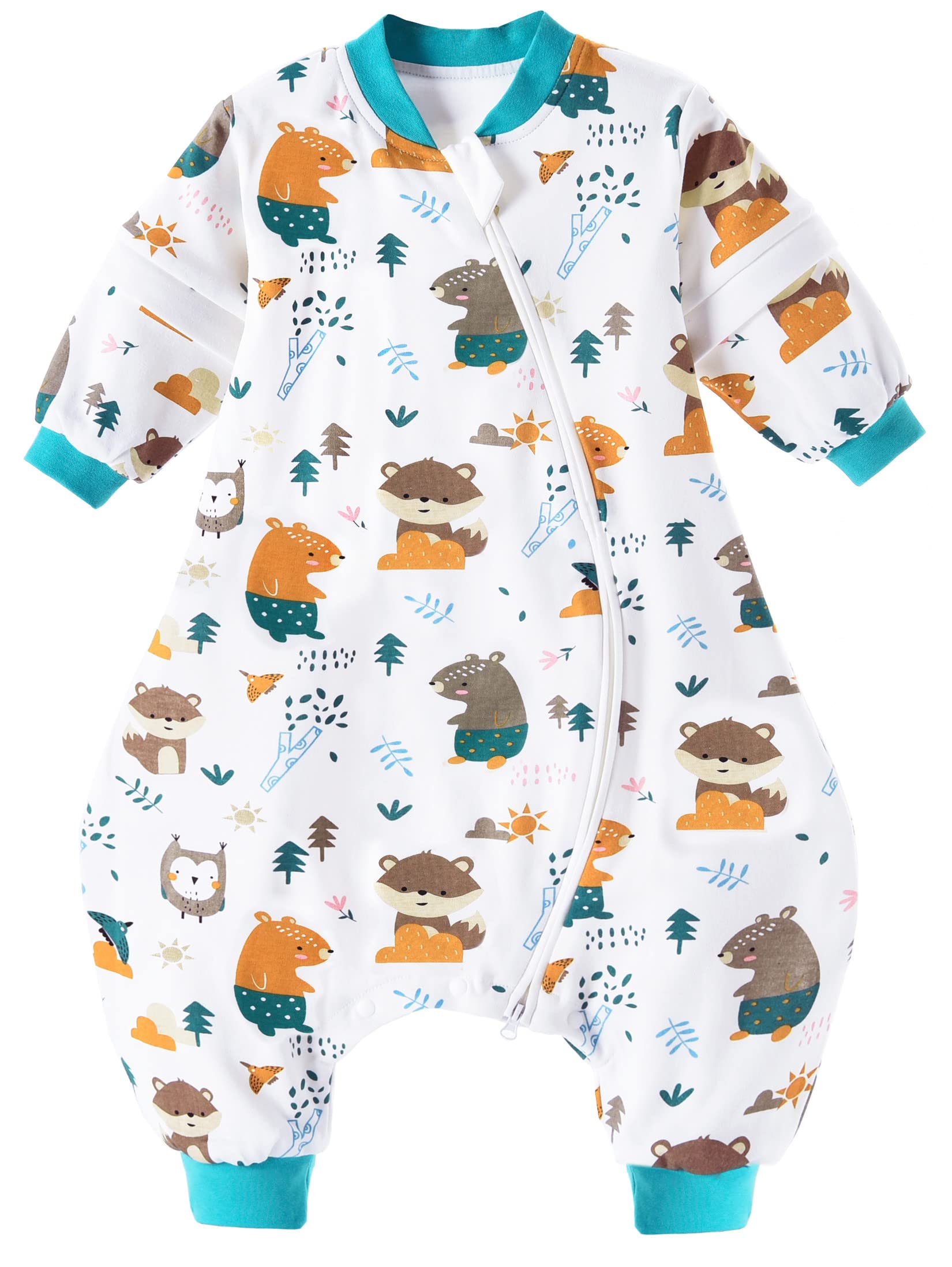Chilsuessy Baby Sleeping Bag with Feet 1.5 Tog 100% Cotton Sleeping Sack with Removable Sleeves Anti Kick Infant Toddler Wearable Blanket for Boys and Girls, Jungle Animals, 80/2-3 Years