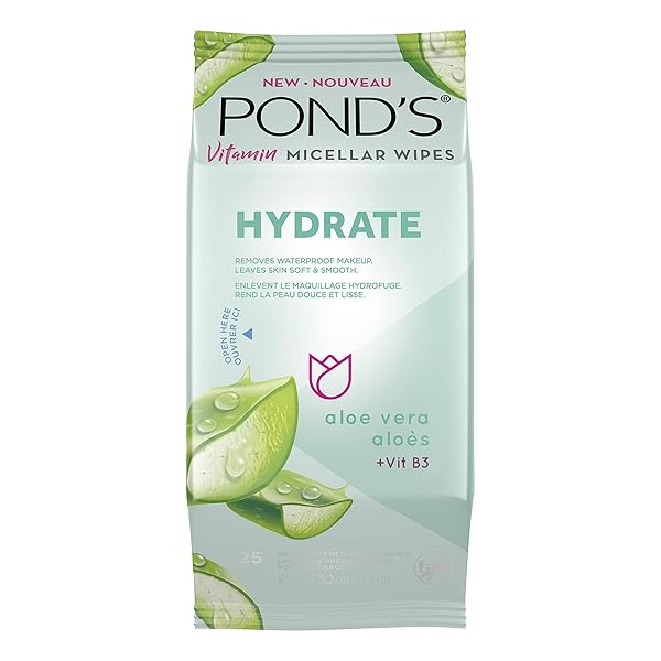 POND’S VITAMIN MICELLAR WIPES FOR DRY SKIN HYDRATE ALOE VERA REMOVES WATERPROOF MAKEUP 25 WIPES