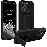 kwmobile Case Compatible with Apple iPhone 16 Pro - Case with Hand Strap and Stand Soft TPU Silicone Coating - Black