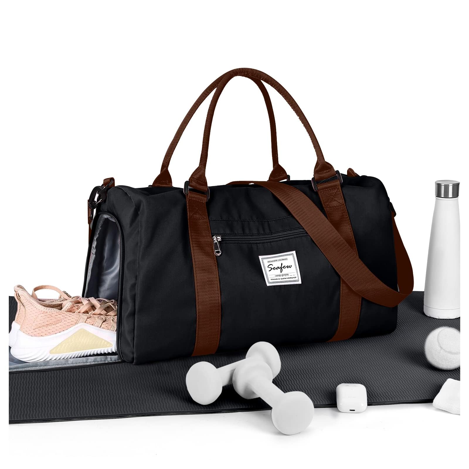 HYC00 Sports Gym Bag Womens Men with Shoes Compartment & Wet Pocket,Waterproof Sports Duffle Bag Weekend Overnight Bags Travel Duffle Bags for Women Hospital Holdall for Fitness Yoga Tote,Black Brown