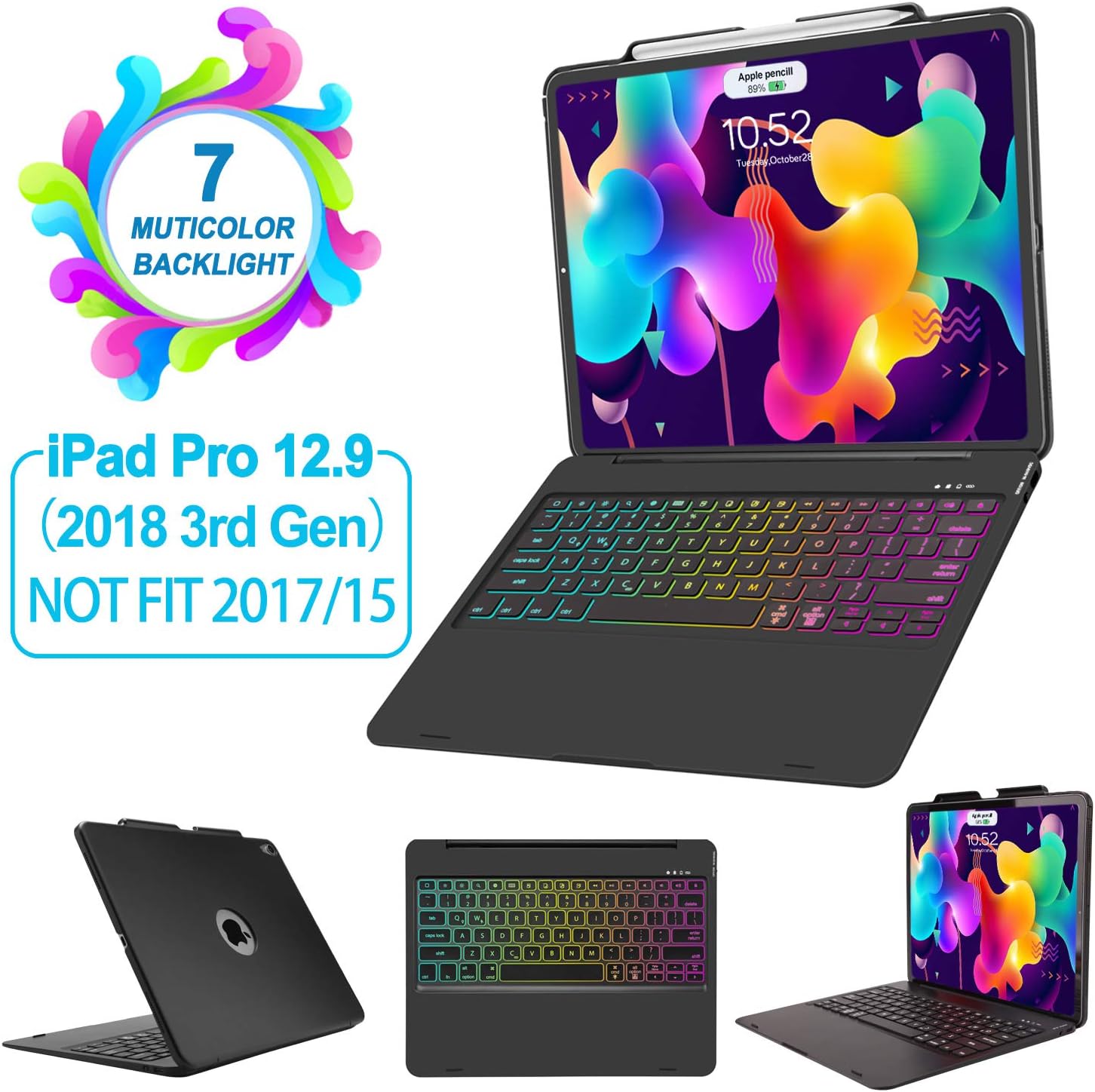 Samsers iPad Pro 12.9 Keyboard Case 2018 - Multicolor Backlit Wireless Keyboard with 135° Adjustable Smart Folio Stylish Ultra Slim Hard Cover【Support Pencil Charging Mode】【Not Fit 2017/2015】 Black