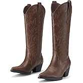 Rollda Cowboy Boots for Women Cowgirl Boots Embroidered Knee-High Western Boots Pointy Toe with Chunky Heel