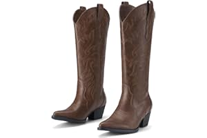 Rollda Cowboy Boots for Women Cowgirl Boots Embroidered Knee-High Western Boots Pointy Toe with Chunky Heel