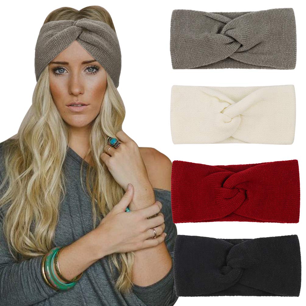 DRESHOW 4 Pack Womens Winter Ear Warmer Headband - Crochet Knit Turban Headband Chunky Cable Knit Headwrap