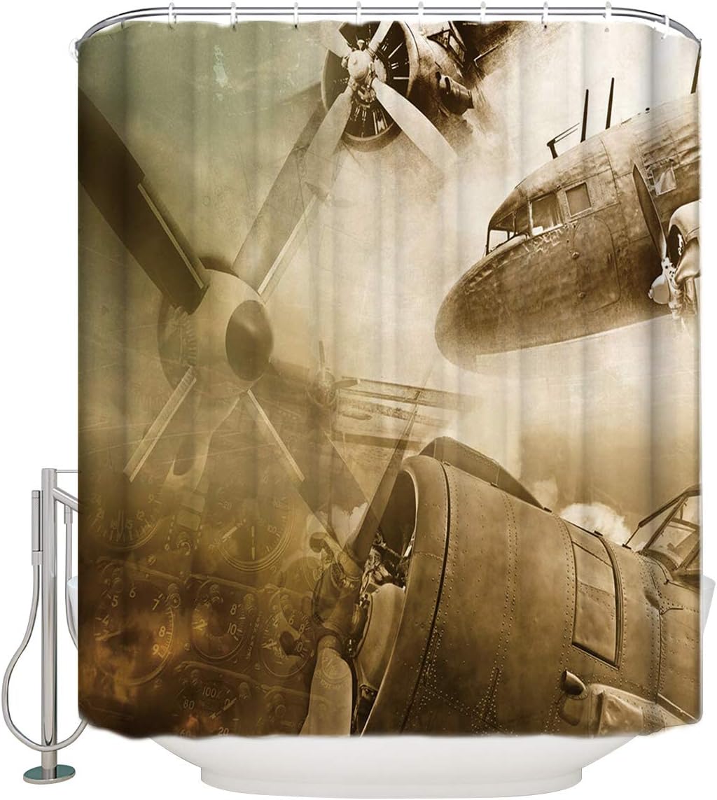 YEHO Art Gallery Modern Bathroom Shower Curtain Set with Rings,Vintage Airplane Background,Waterproof Long Curtains Home Decor,72 x 72 Inch