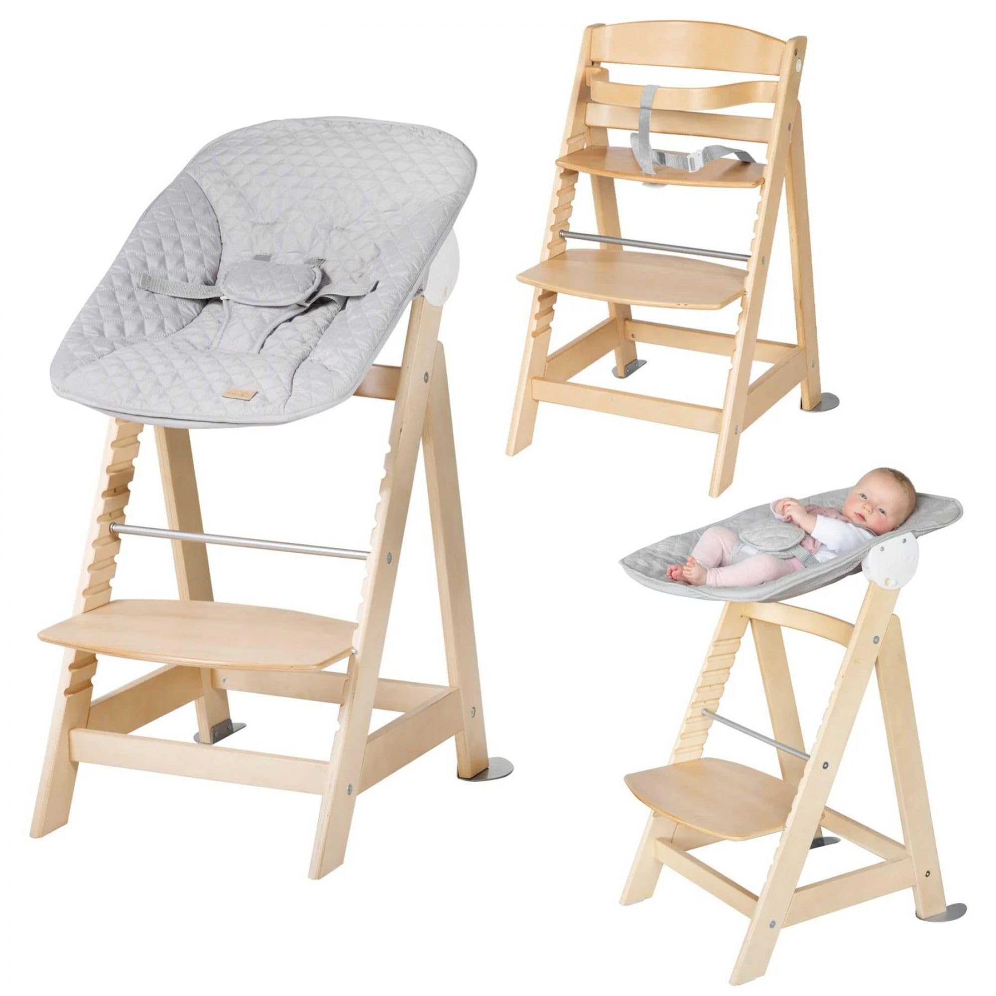 roba Born Up Babyhochstuhl Set 2in1 + Neugeborenen Aufsatz roba Style grau mit Liegefunktion - Kinderhochstuhl ab Geburt - Holz Natur