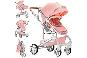 SUTTONBEBE 2 in 1 Baby Stroller with Bassinet Reversible Portable Standard Baby Stroller Convertible Pushchair Infant Buggy Baby Carriage Foldable High Landscape Pram for Toddler Newborn (2USXR011-ALLPINK)