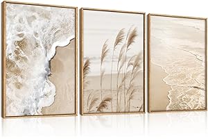 CHDITB Large Beach Wave Pampas Grass Framed Canvas Wall Art Set,Modern Coastal Sandy Grass Wall Decor,Beige Trendy Beach Land