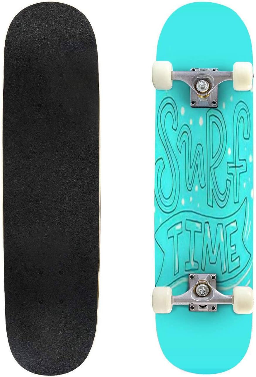 Blue Palm Trees Seamless Pattern Colorful Background with Tropical Outdoor Skateboard 31"x8" Pro Complete Skate Board Cruiser 8 Layers Double Kick Concave Deck Maple Longboards for Youths Sports