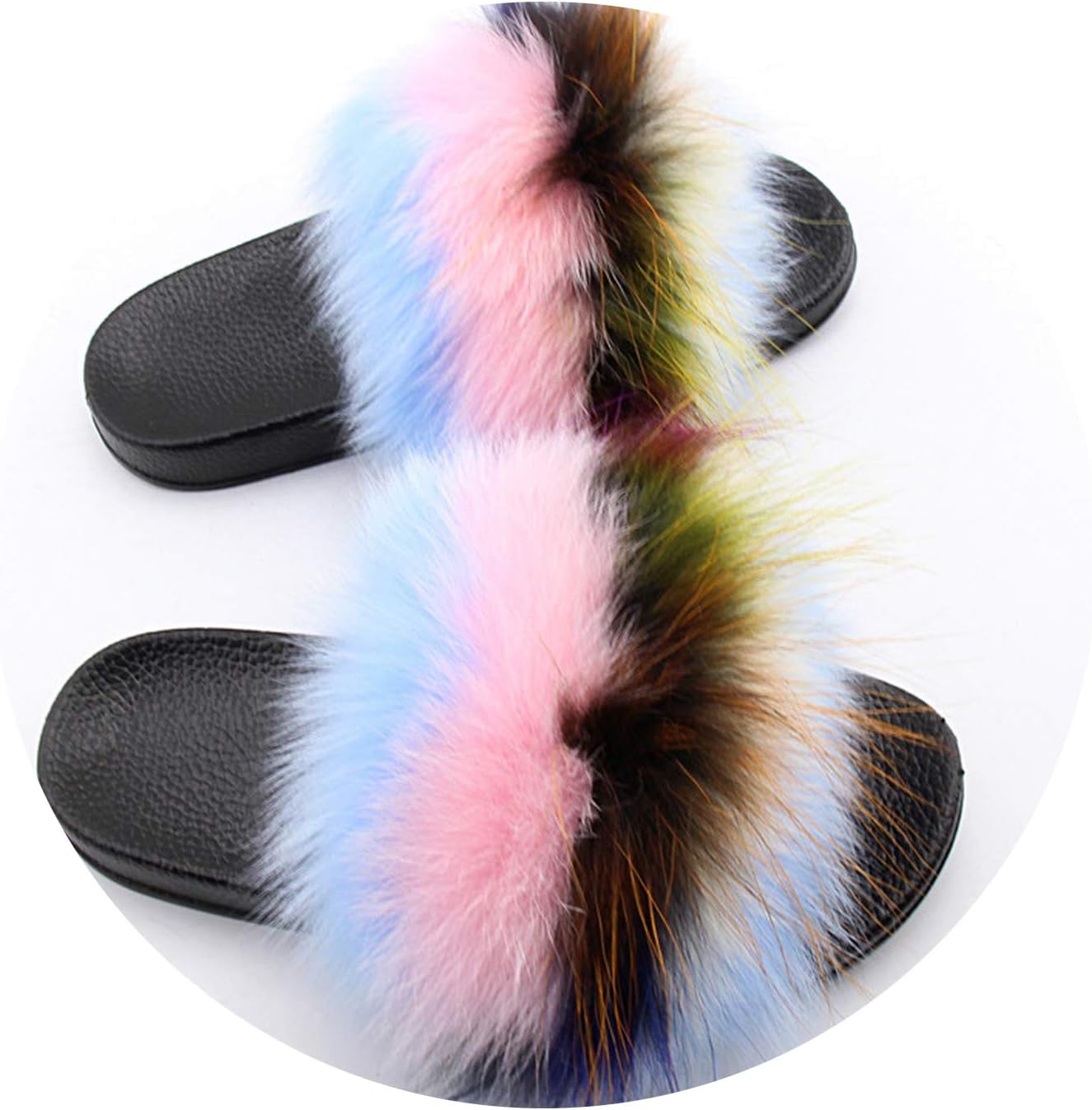 Fur Slippers Fluffy Mixed Colors Slides PU Sandals with Fur Rubber House Flip Flops Shoes