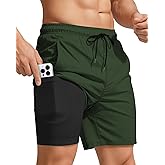 Yufawow Men Swim Trunks with Compression 7 Inches Breathable Liner Quick Dry Zipper Pockets for Board Beach Gym Running