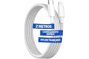 Cabo Carregador Turbo 2 Metros Compatível com iPhone 14 13 12 11 X XR | Carregamento Rápido, Nylon Trançado, Resistente, Branco, Pro Max