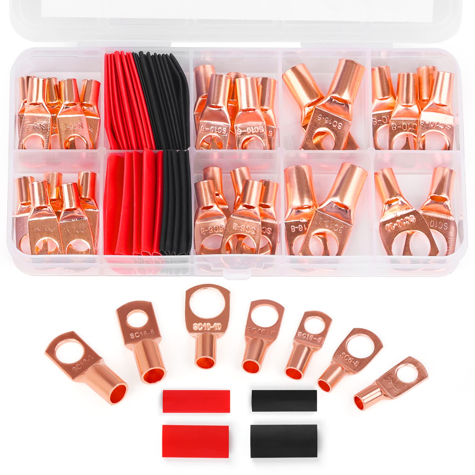 thumbnail interactive-video image 1 of 10x 8 Gauge Copper Ring Terminals – 1/4" Black Heat Shrink Tubing Lugs, Sky High Car Audio 1 of 2