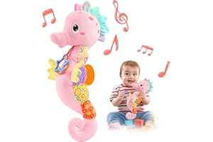 LIGHTDESIRE Baby Toys Musical Seahorse,Infant Stuffed Animal Toys with Crinkle and Rattles,Soft Sensory Toys with Textures for Tummy Time Newborn Boys Girls 0 3 6 12 Months(Pink)