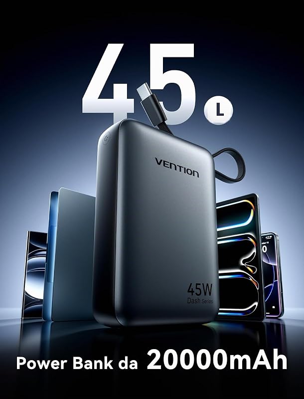 Mini Power Bank 45 W 20000 mAh con cavo USB-C integrato, PD/PPS, caricabatterie rapido, batterie esterne per cellulare con display a LED per iPhone 16/15/14, Galaxy S25/S24, iPad, laptop