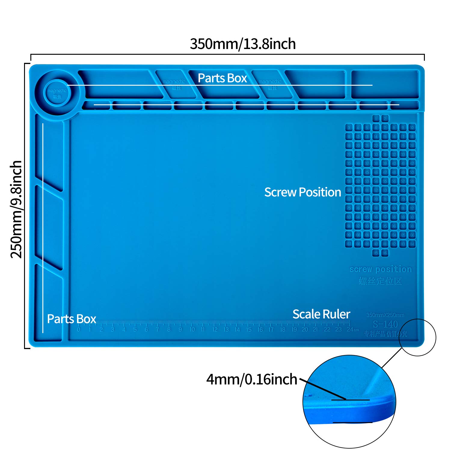 Kaisi S-140 Magnetic Insulation Silicone Soldering Mat Magnetic Repair Mat, Heat Resistant Work Mat 932°F for Repair Electronics, Phone, Soldering Iron, Gun, BGA, Workbench, Size: 13.8 x 9.8 inch