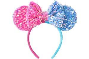 PAITTY Pearl Mouse Ears Bow Headbands for Girls Kids Sparkle Hair Band Ear Headband Party Princess Trip Cosplay Costume Decor (Pink Blue Sequin)