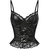 SHENHE Women's PU Leather Gothic Lace Bustier Corset Lace Up Ruffle Hem Y2k Going Out Corset Cami