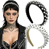 Milovgvset 2 PACK Spike Headband Punk Leather Studded Hair Band Gothic Rock Roll Hair Band, Spike Hair Clips Fashion Hair Accessories for Women (Black + White)