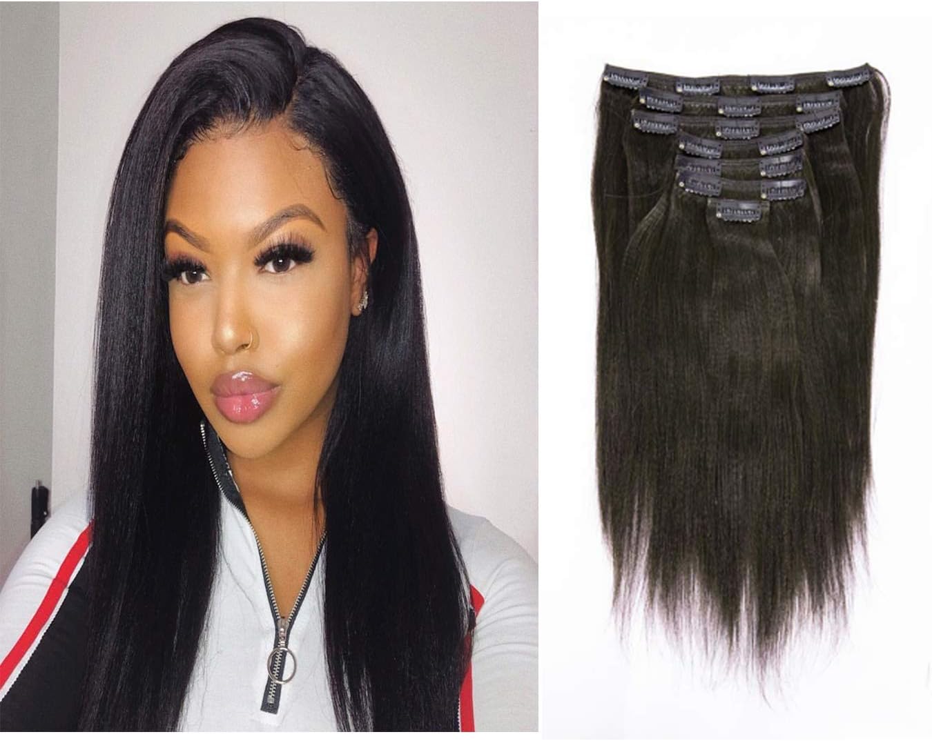 Italian Yaki Straight Hair Clip In Hair Extensions 100% Real Remy Human Hair 8A Grade Thick Virgin Hair Clip Ins 4C African Americans Full Head Natural Color For Black Women 7pcs/set 120g/set 10 Inch