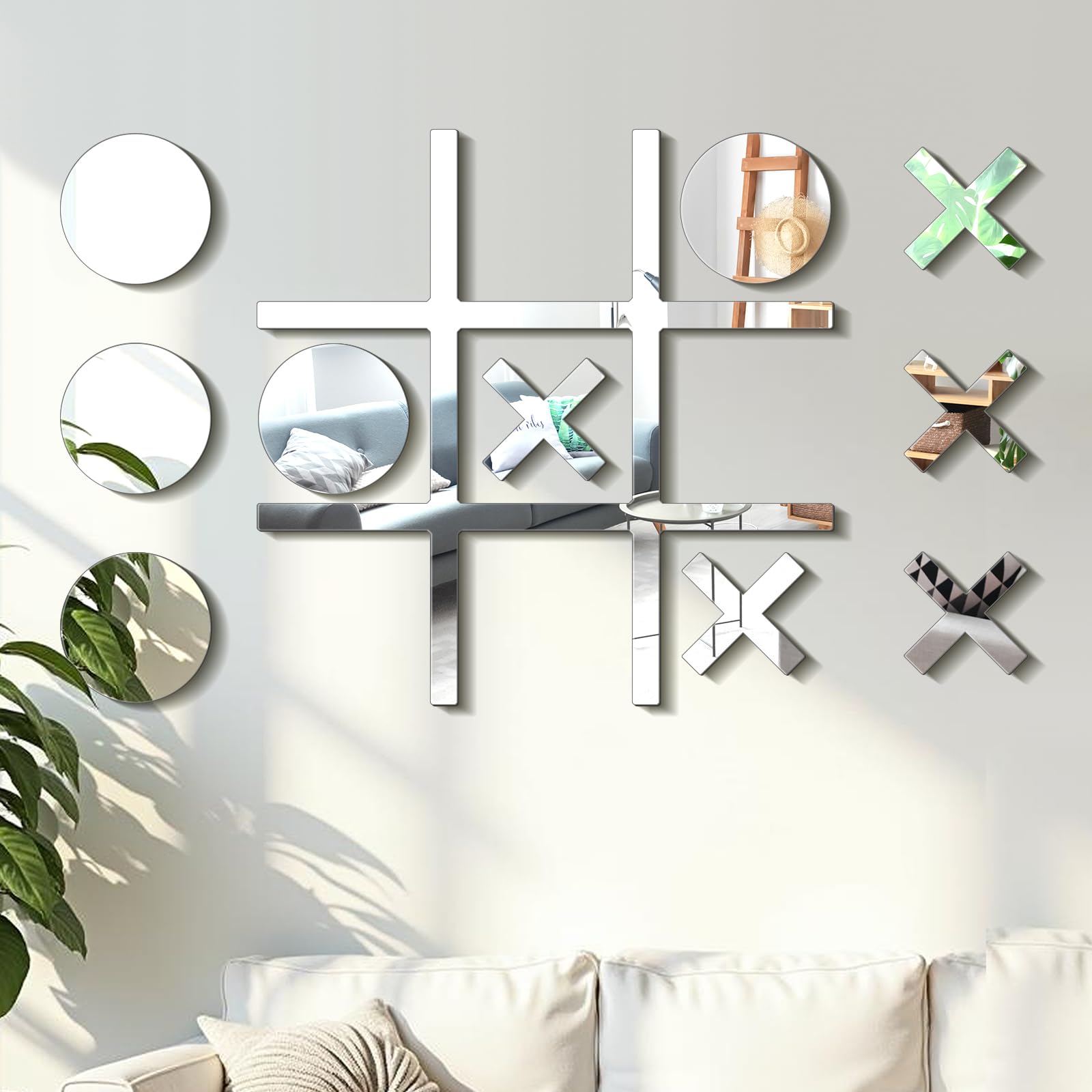Photo 1 of 11pcs Tic Tac Toe Game Room Wall Decor with Hook Acrylic DIY Mirrored Wall -Mounted Set Included Tic Tac Toe 5 Round and Cross Mirror for Playroom Hallway Offices Decor Gift for Friends