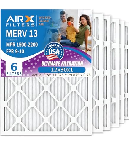 Filterbuy 12x30x1 Air Filter MERV 13 Optimal Smoke & Allergy Defense (5-Pack), Electrostatic Pleated HVAC AC Furnace Filters Replacement, Made In USA (Actual Size: 11.88 X 29.88 X 0.75