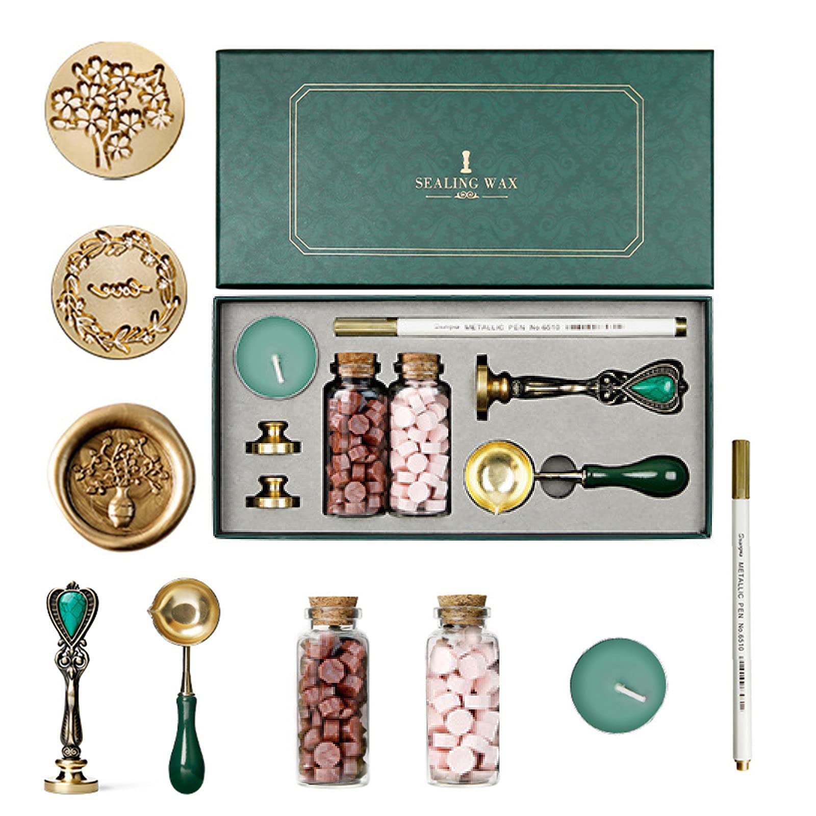 Joyeee Wax Sealing Kit with Melting Spoon, Sealing Stamp, Sealing Wax Beads, Metallic Seal Pen, Retro Seal Stamp Kit for Cards Envelopes, Wedding Invitations, Wine Packages, Gift Wrapping #52