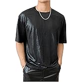 OYOANGLE Men's Oversized PU Leather Printed Short Sleeve Round Neck Longline Tee Shirt Tops