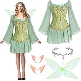 Foaincore 6 Pcs Women Fairy Costumes Set Off Shoulder Short Dress Floral Corset Rhinestone Tiara Elf Ears Wings