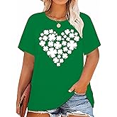 Plus Size St Patricks Day Shirt Women Shamrock Heart Graphic Tees St Patty's Lucky T-Shirt Irish Short Sleeve Tops