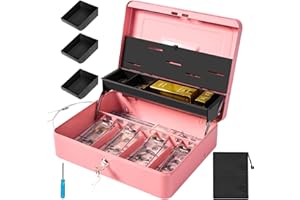 Polspag Large Cash Box with Security Cable & Coin Tray,Metal Money Boxes with Money Tray and Key Lock, Portable Locking Cash Boxes with Adjustable Detachable Coin Box,Deluxe Tired Safe Box (Pink-Key)