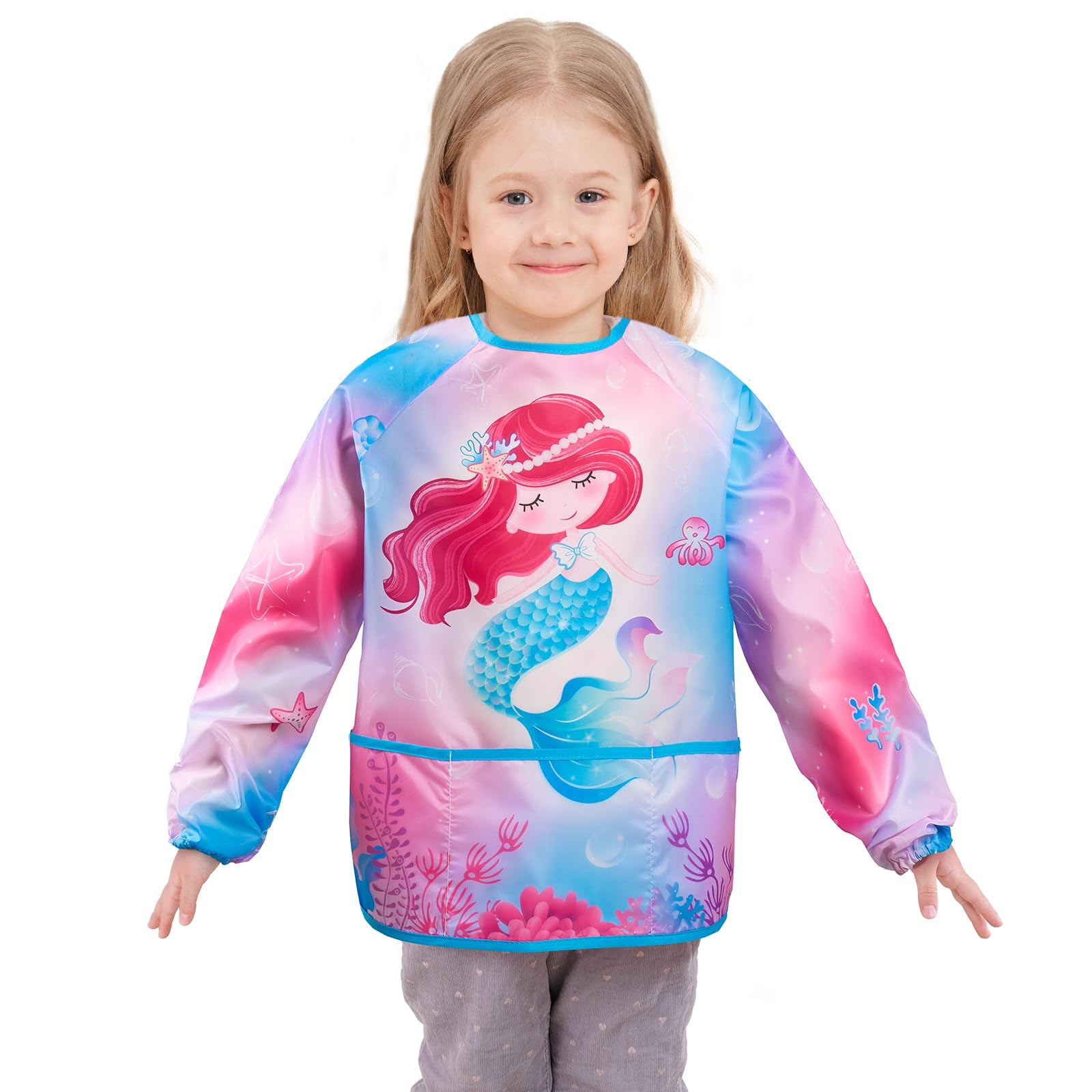 Wernnsai Kids' Mermaid Painting Apron - Waterproof Long Sleeve Artist Smock for Girls Age 4-7 with 3 Pockets