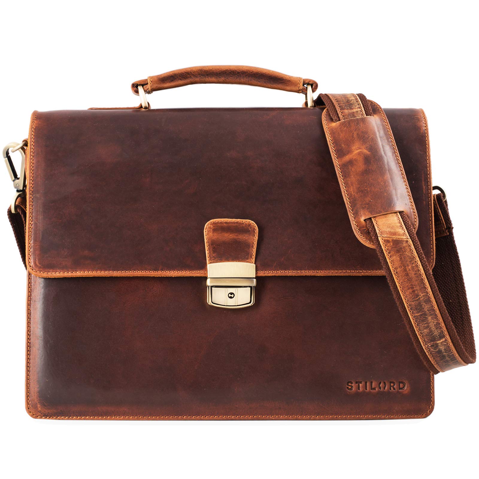 STILORD 'Rion' Classic Leather Briefcase Small Portfolio Men & Women Classic Design Satchel Business Work Bag for Men and Women Genuine Leather, Colour:Kara - Cognac