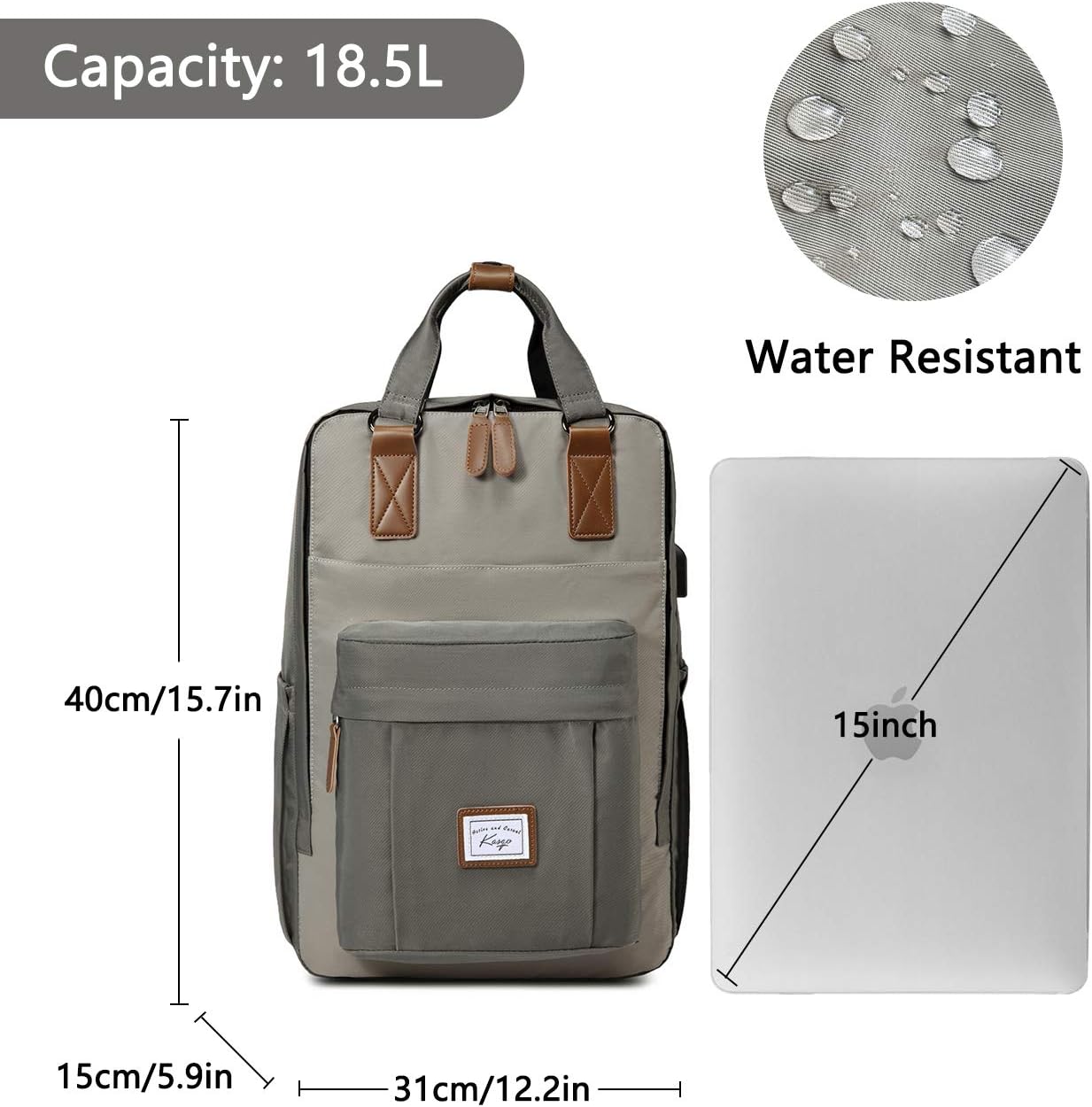 Kasgo School Backpack for Men Water Resistant 15.6 inch Laptop Rucksack with USB Charging Port Bookbag Casual Daypack for Women Teenagers College Travel Work (Grey) - Image 4