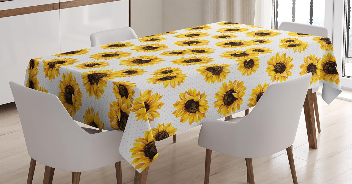 Ambesonne Sunflower Tablecloth, Sunflower Flowers on Polkadots Feminine Fresh Garden