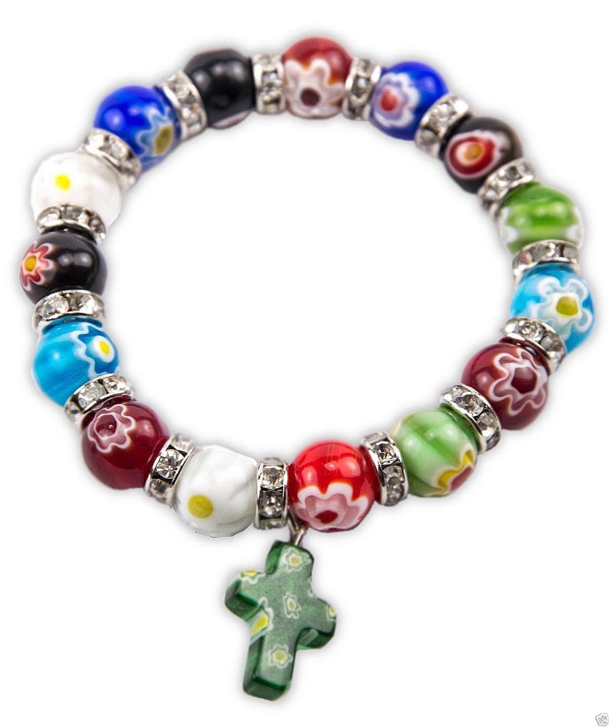 Nazareth Store Agate Colorful Flowers Beads Cross Bracelet Catholic Rosary Bangle Jerusalem Religious Christian Gifts for Boys Girls Jewelry for Women & Men