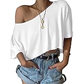 SOFIA'S CHOICE Women's Off Shoulder Crop Tops Loose Boat Neck Short Sleeve T Shirt