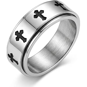 ZDZM 8mm Men Fidget Ring Cross Spinner Band-Stainless Steel/Gold/Black Inspirational Rings, Anxiety Men's Ring for Stress Rel
