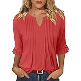 KISSMODA Womens 3/4 Length Sleeve Tops Summer Blouses Spring Ruffle Tunic T-Shirts Dressy Casual