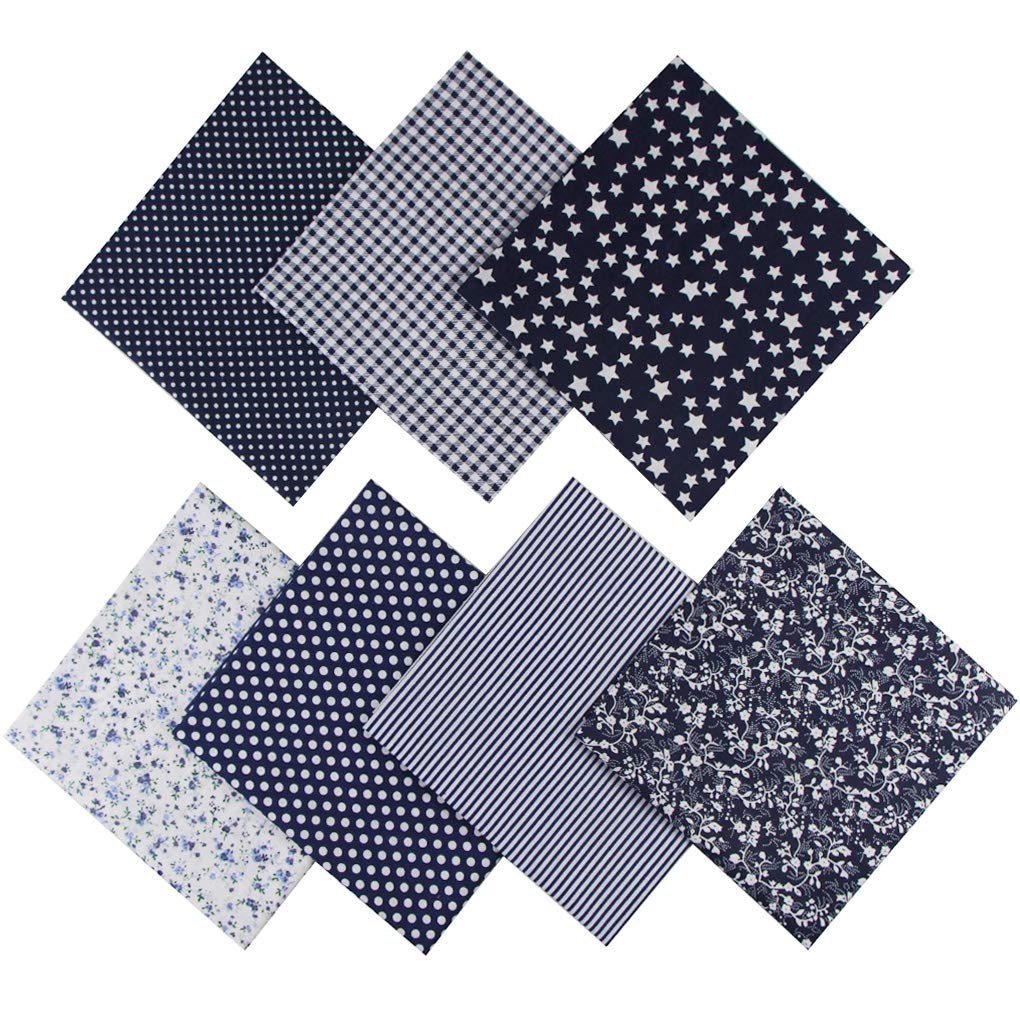 Jukway 7PCS Different Patterns Printed Cotton Fabric Squares 50 x 50 cm Handmade Craft Patchwork Cloths Bundle for Sewing, Quilting, DIY Decoration, Scrapbooking, Handwork (Navy Blue)